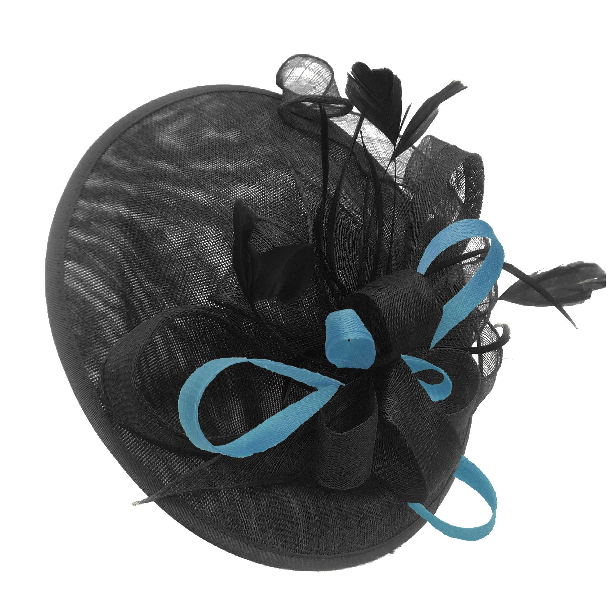 Caprilite Big Saucer Sinamay Black & Light Blue Mixed Colour Fascinator On Headband