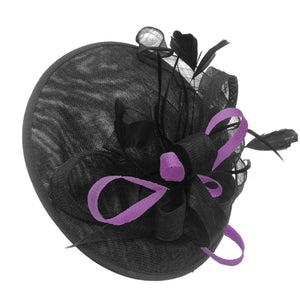 Caprilite Big Saucer Sinamay Black & Cadbury Purple Mixed Colour Fascinator On Headband