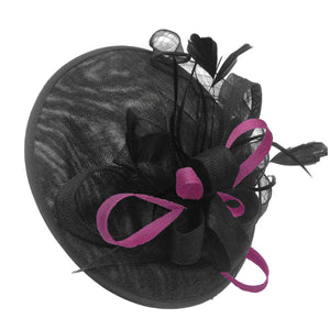 Caprilite Big Saucer Sinamay Black & Plum Mixed Colour Fascinator On Headband