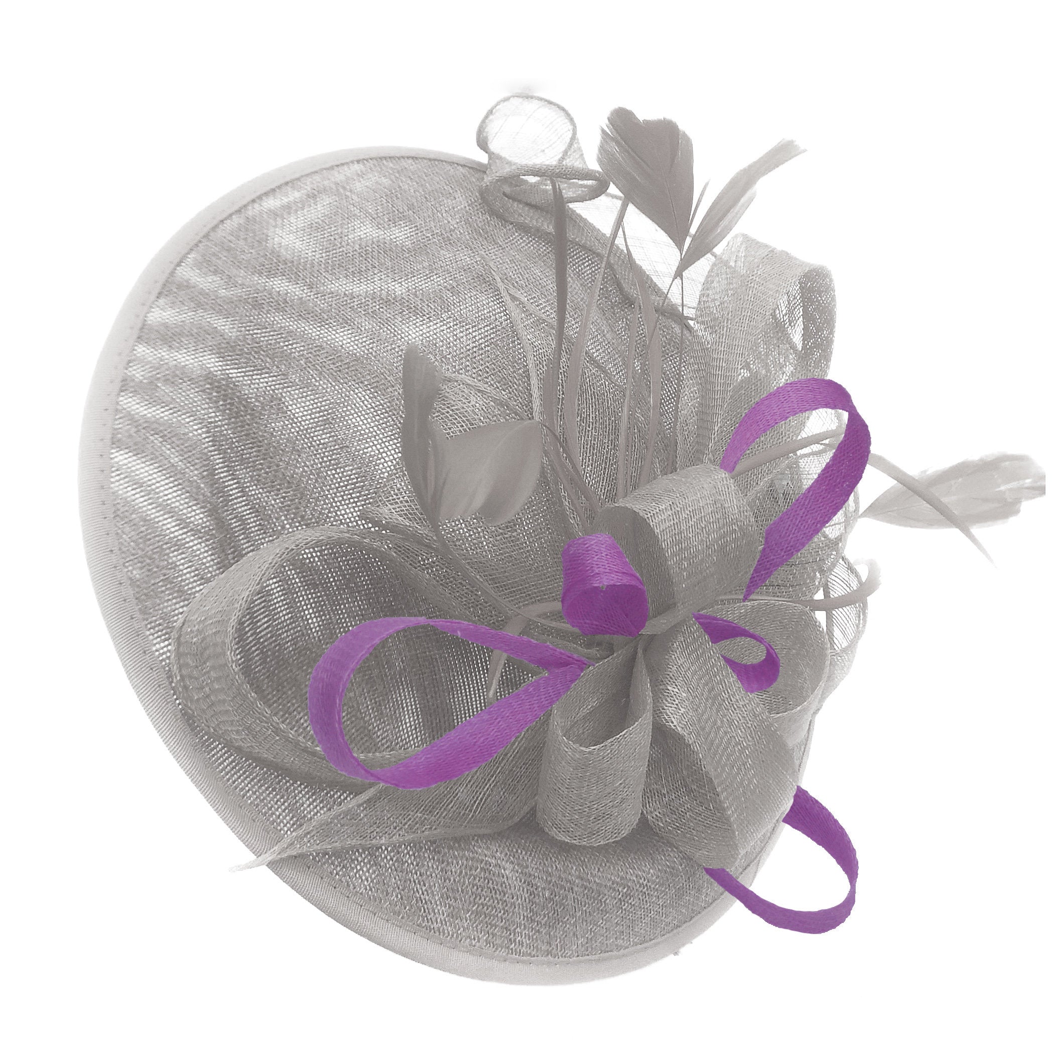 Caprilite Big Saucer Sinamay Silver Grey & Cadbury Purple Mixed Colour Fascinator On Headband