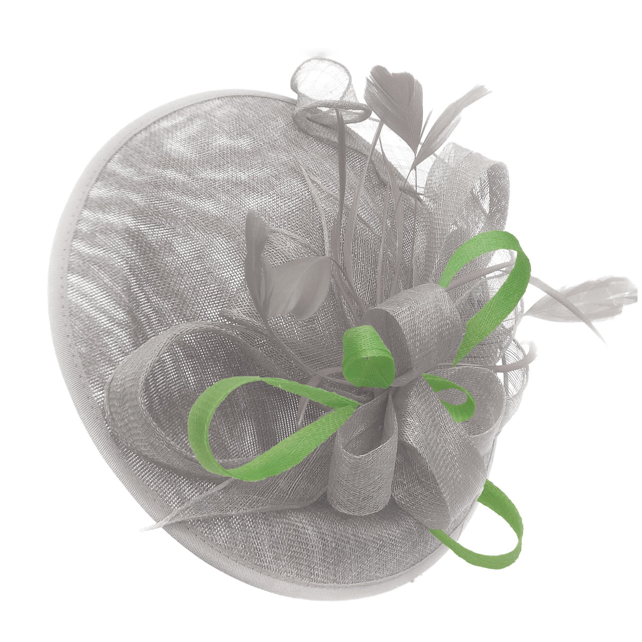 Caprilite Big Saucer Sinamay Silver Grey & Lime Green Mixed Colour Fascinator On Headband