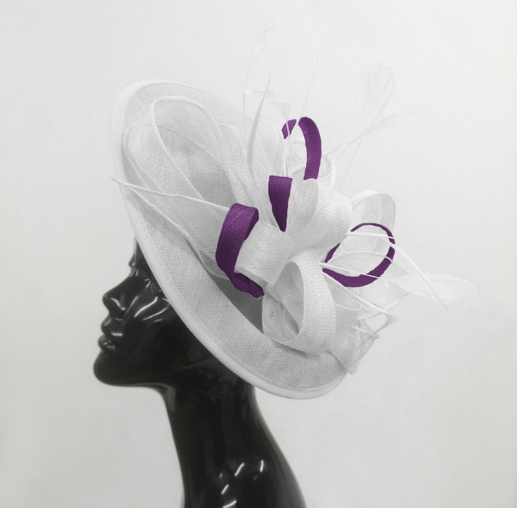 Caprilite Big Saucer Sinamay White & Dark Purple Mixed Colour Fascinator On Headban