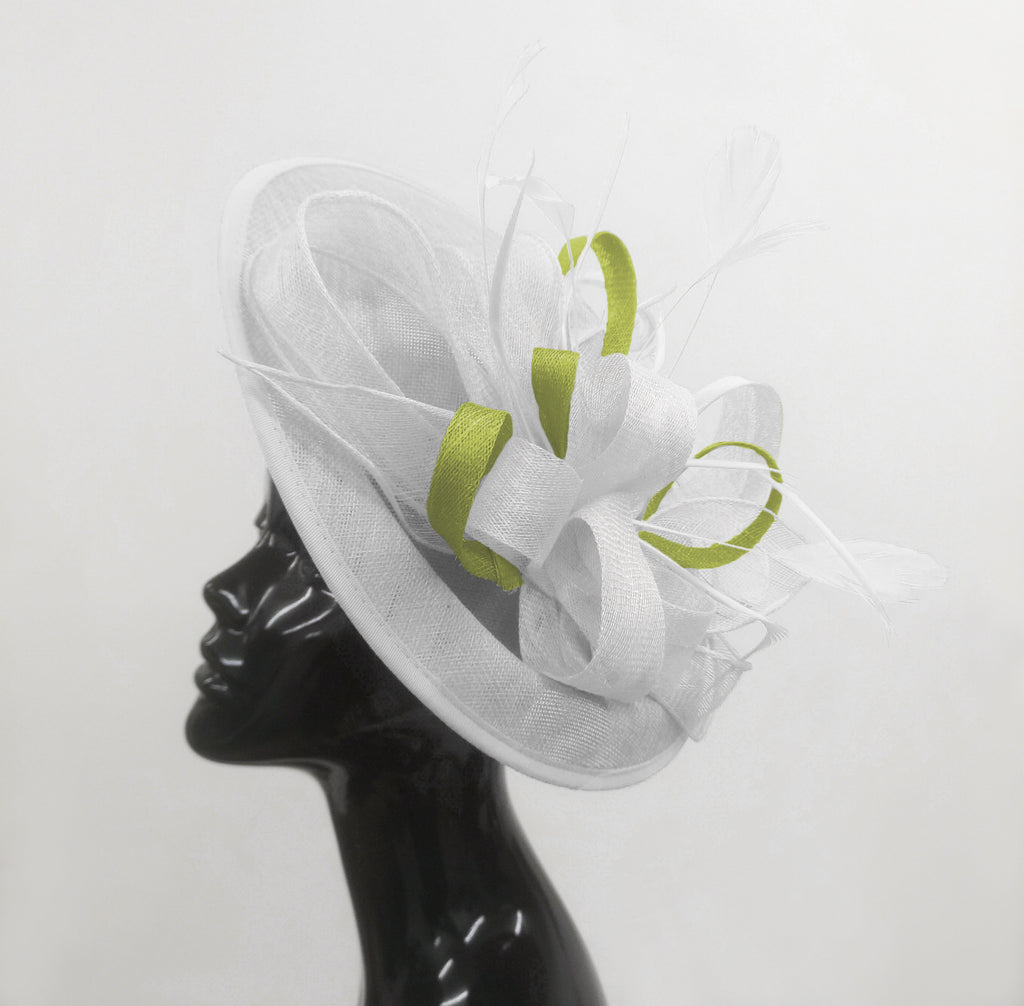 Caprilite Big Saucer Sinamay White & Lime Green Mixed Colour Fascinator On Headband