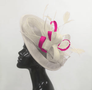 Caprilite Big Saucer Sinamay Cream Ivory & Fuchsia Hot Pink Mixed Colour Fascinator On Headband