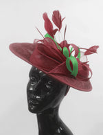 Caprilite Big Saucer Sinamay Burgundy & Green Mixed Colour Fascinator On Headband