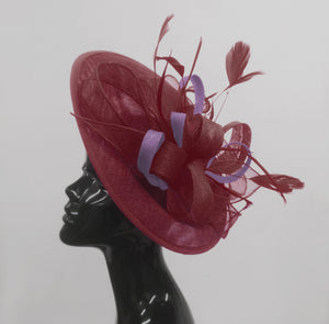 Caprilite Big Saucer Sinamay Burgundy & Lavender Purple Mixed Colour Fascinator On Headband