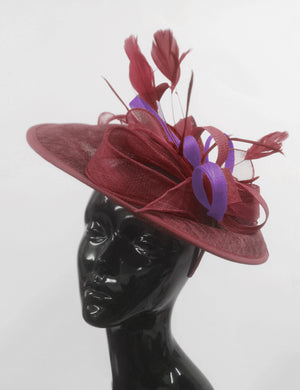 Caprilite Big Saucer Sinamay Burgundy & Cadbury Purple Mixed Colour Fascinator On Headband