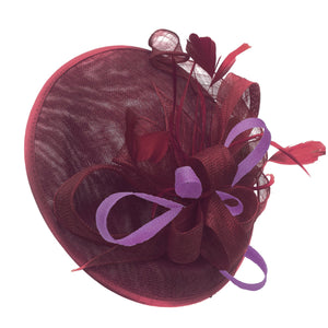 Caprilite Big Saucer Sinamay Burgundy & Cadbury Purple Mixed Colour Fascinator On Headband