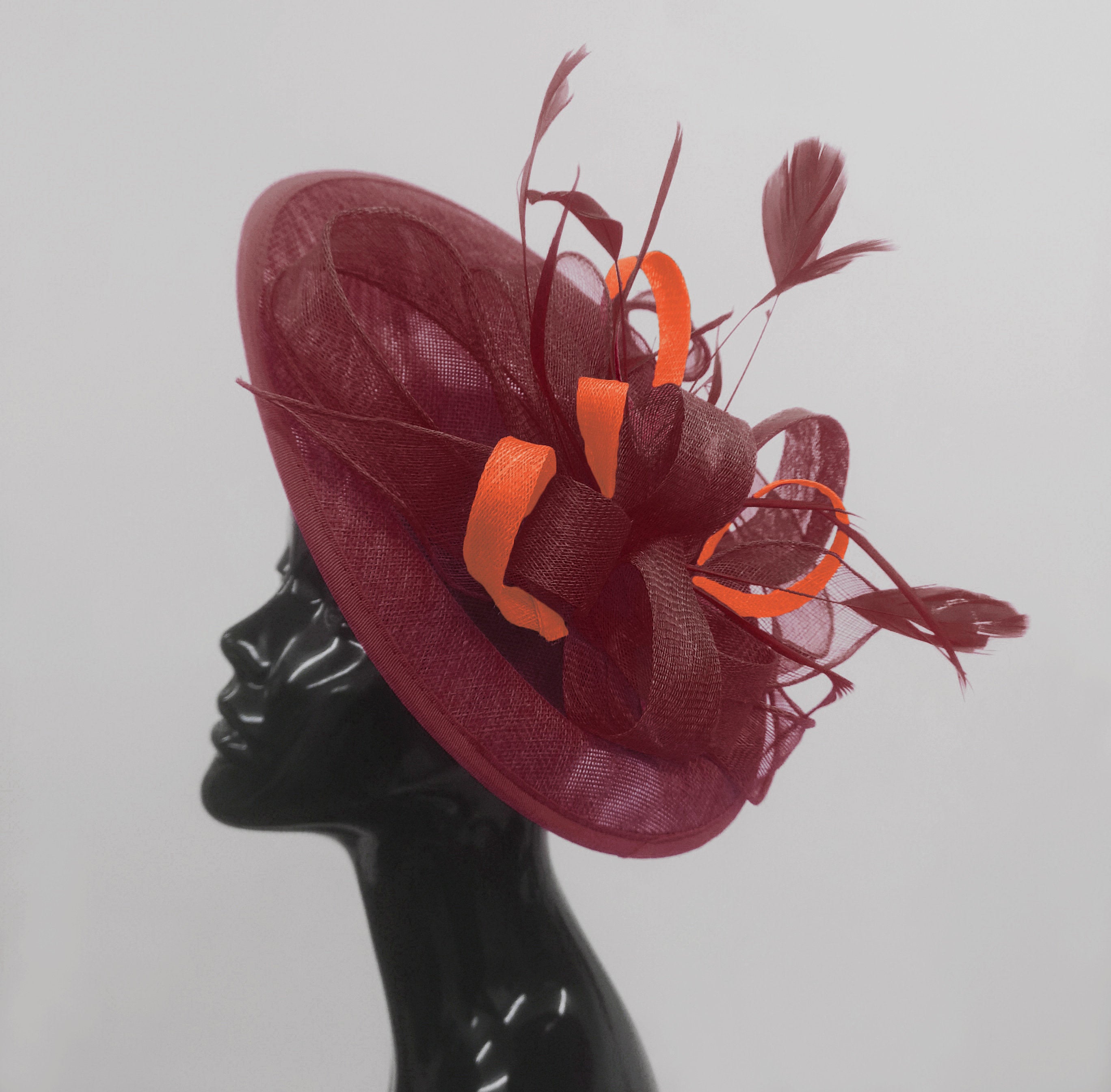 Caprilite Big Saucer Sinamay Burgundy & Orange Mixed Colour Fascinator On Headband