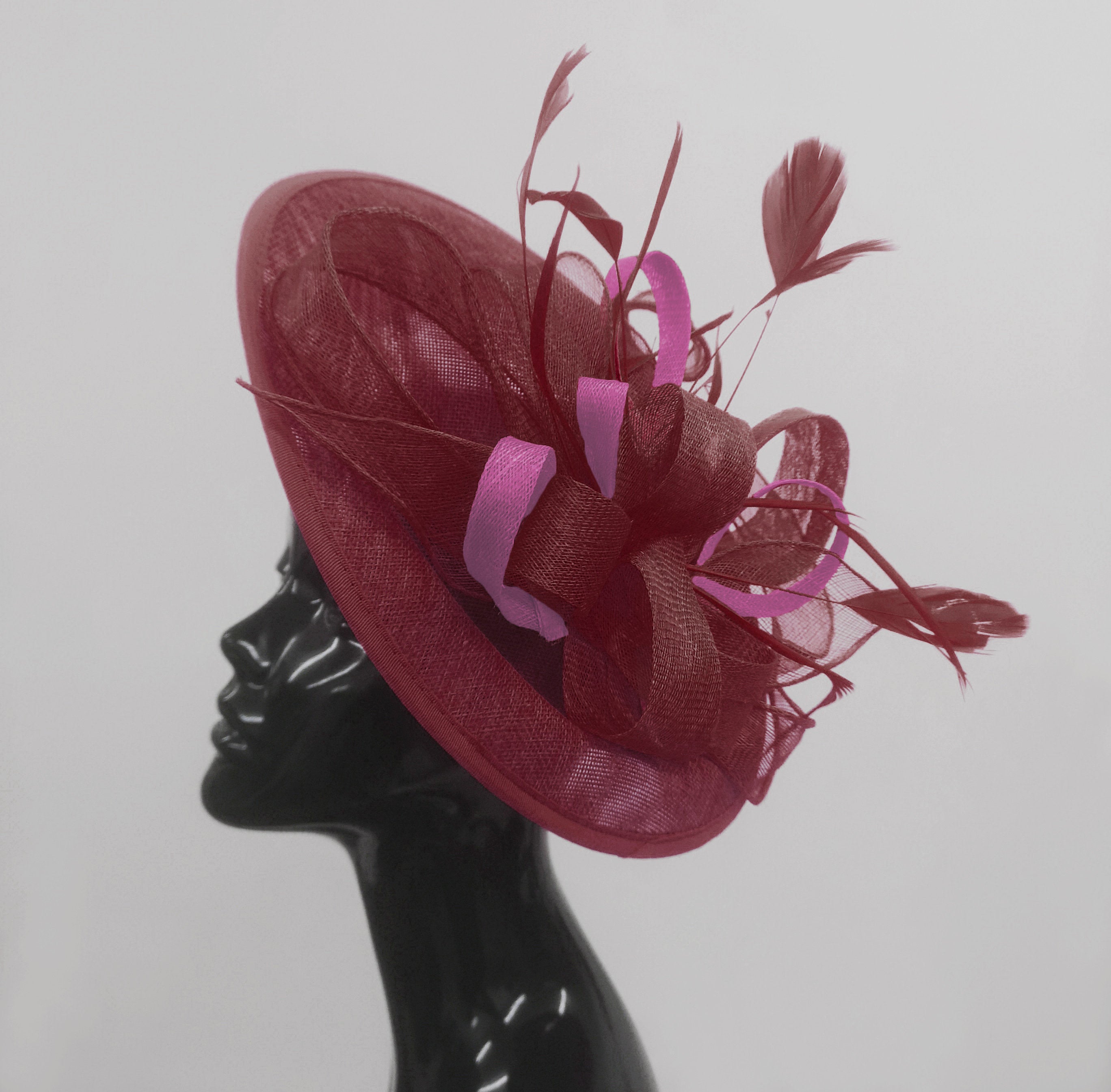 Caprilite Big Saucer Sinamay Burgundy & Plum Mixed Colour Fascinator On Headband