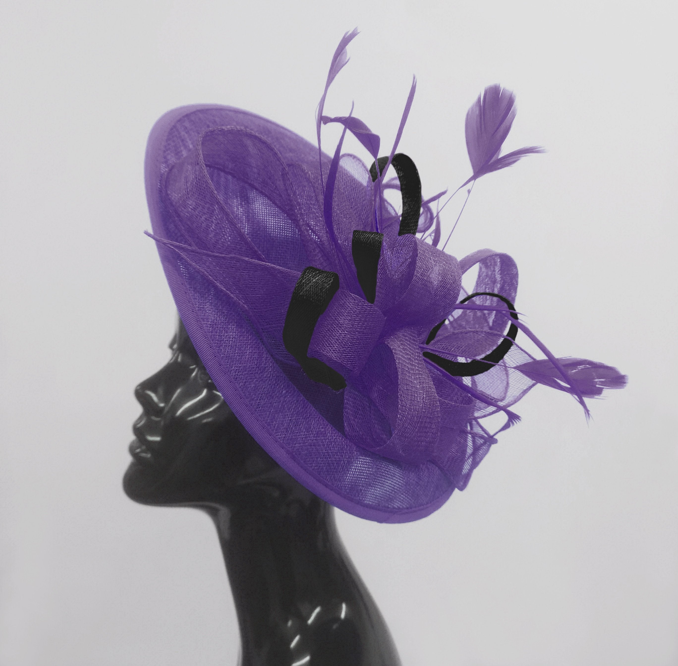 Caprilite Big Saucer Sinamay Lavender Purple & Black Mixed Colour Fascinator On Headband