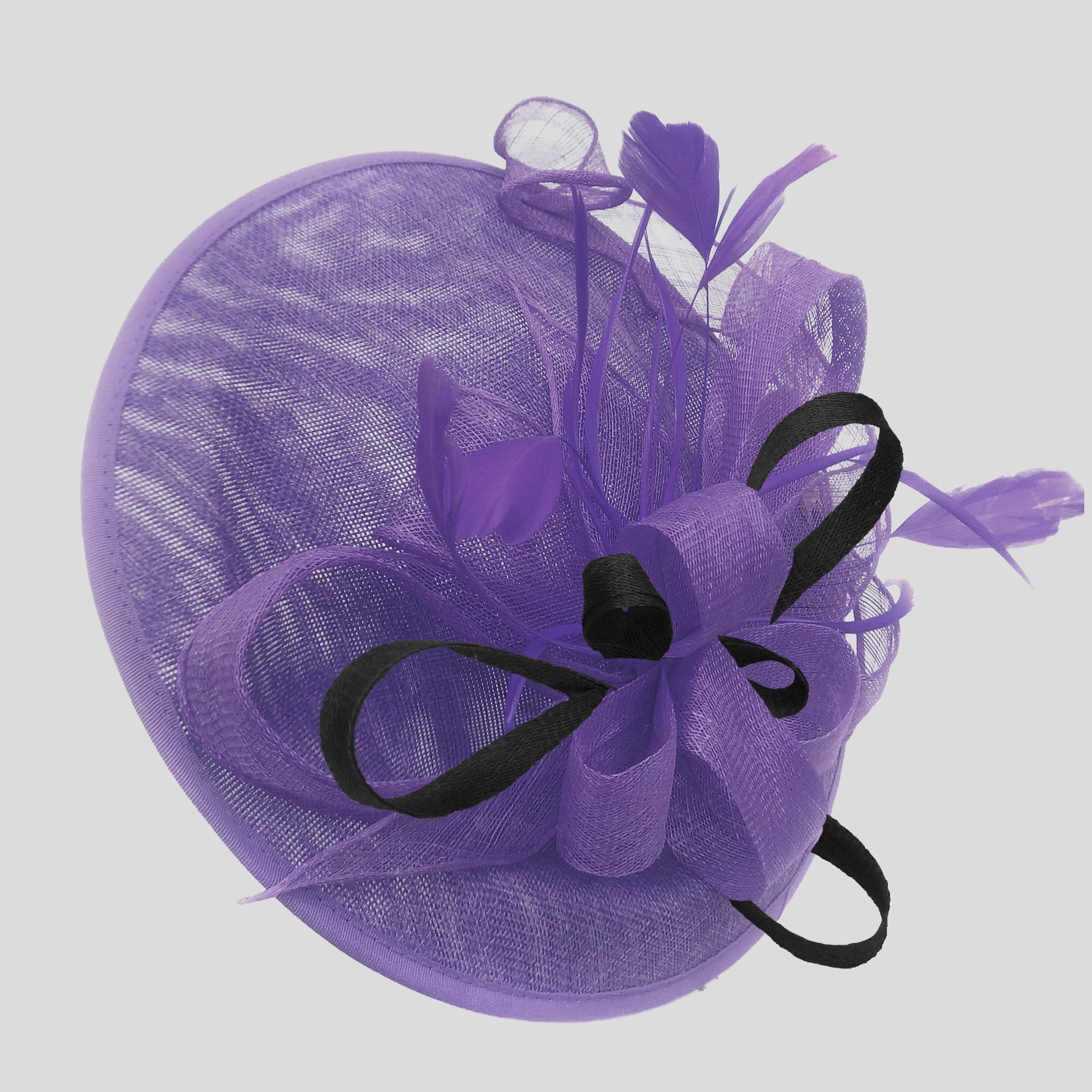 Caprilite Big Saucer Sinamay Lavender Purple & Black Mixed Colour Fascinator On Headband