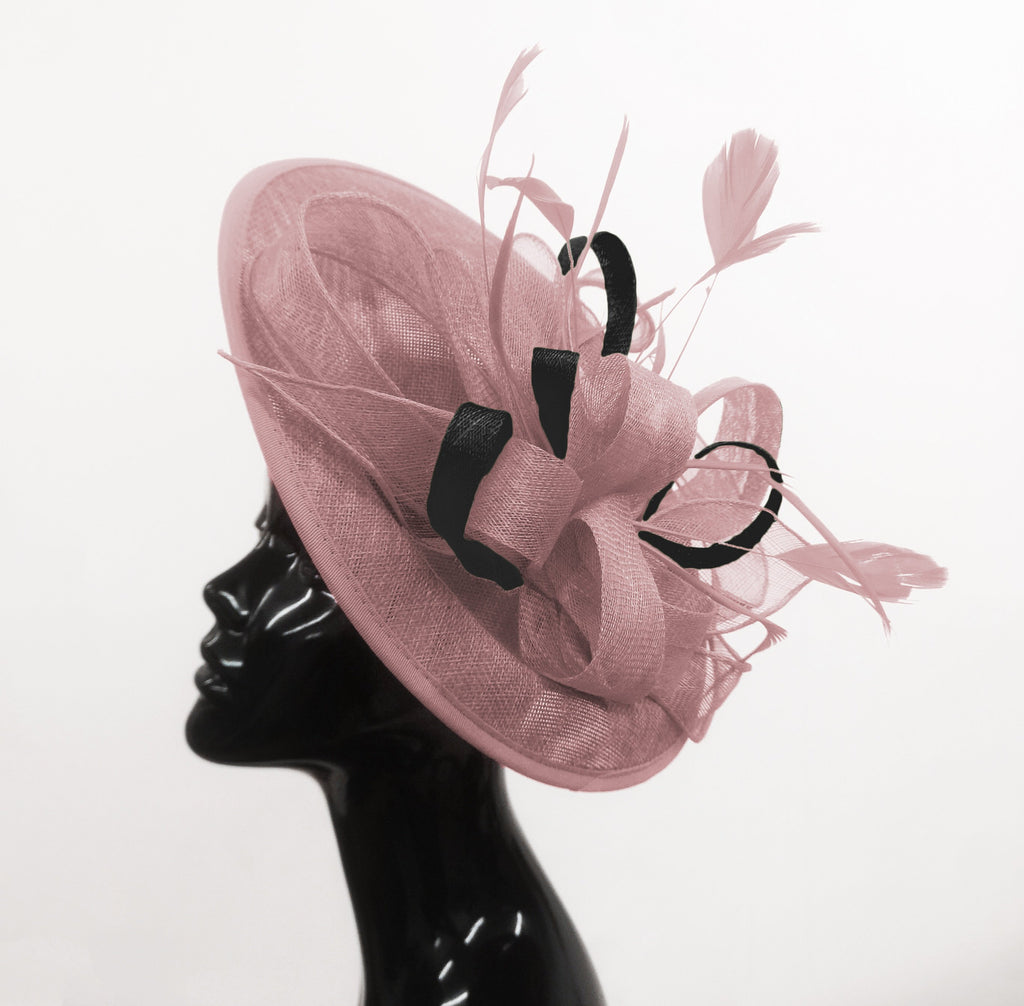 Caprilite Big Saucer Sinamay Dusty Pink & Black Mixed Colour Fascinator On Headband