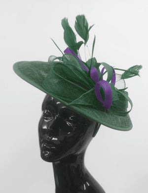 Caprilite Big Saucer Sinamay Green & Dark Purple Mixed Colour Fascinator On Headband