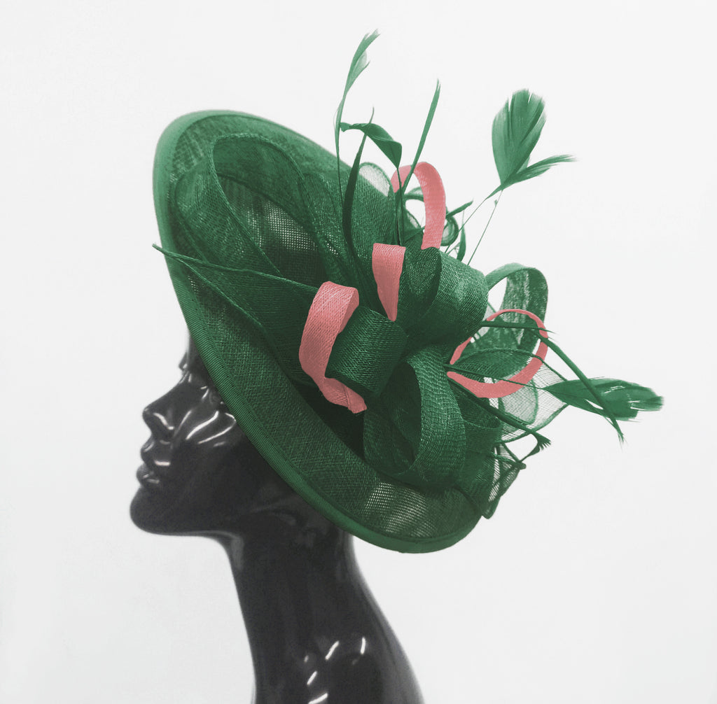 Caprilite Big Saucer Sinamay Green & Dusty Pink Mixed Colour Fascinator On Headband