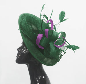 Caprilite Big Saucer Sinamay Green & Cadbury Purple Mixed Colour Fascinator On Headband
