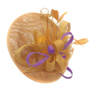 Caprilite Big Saucer Sinamay Gold Mustard & Cadbury Purple Mixed Colour Fascinator On Headband