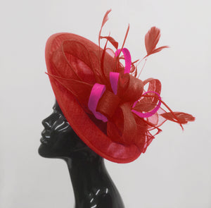 Caprilite Big Saucer Sinamay Red & Fuchsia Hot Pink Mixed Colour Fascinator On Headband