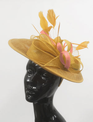 Caprilite Big Saucer Sinamay Gold Mustard & Peach Mixed Colour Fascinator On Headband