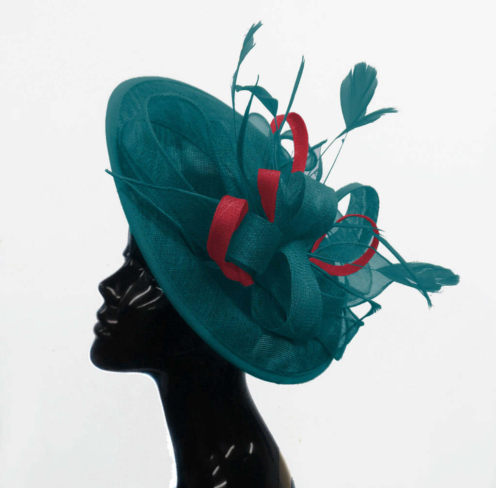 Caprilite Big Saucer Sinamay Teal Turquoise & Burgundy Mixed Colour Fascinator On Headband