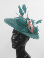 Caprilite Big Saucer Sinamay Teal Turquoise & Dusty Pink Mixed Colour Fascinator On Headband