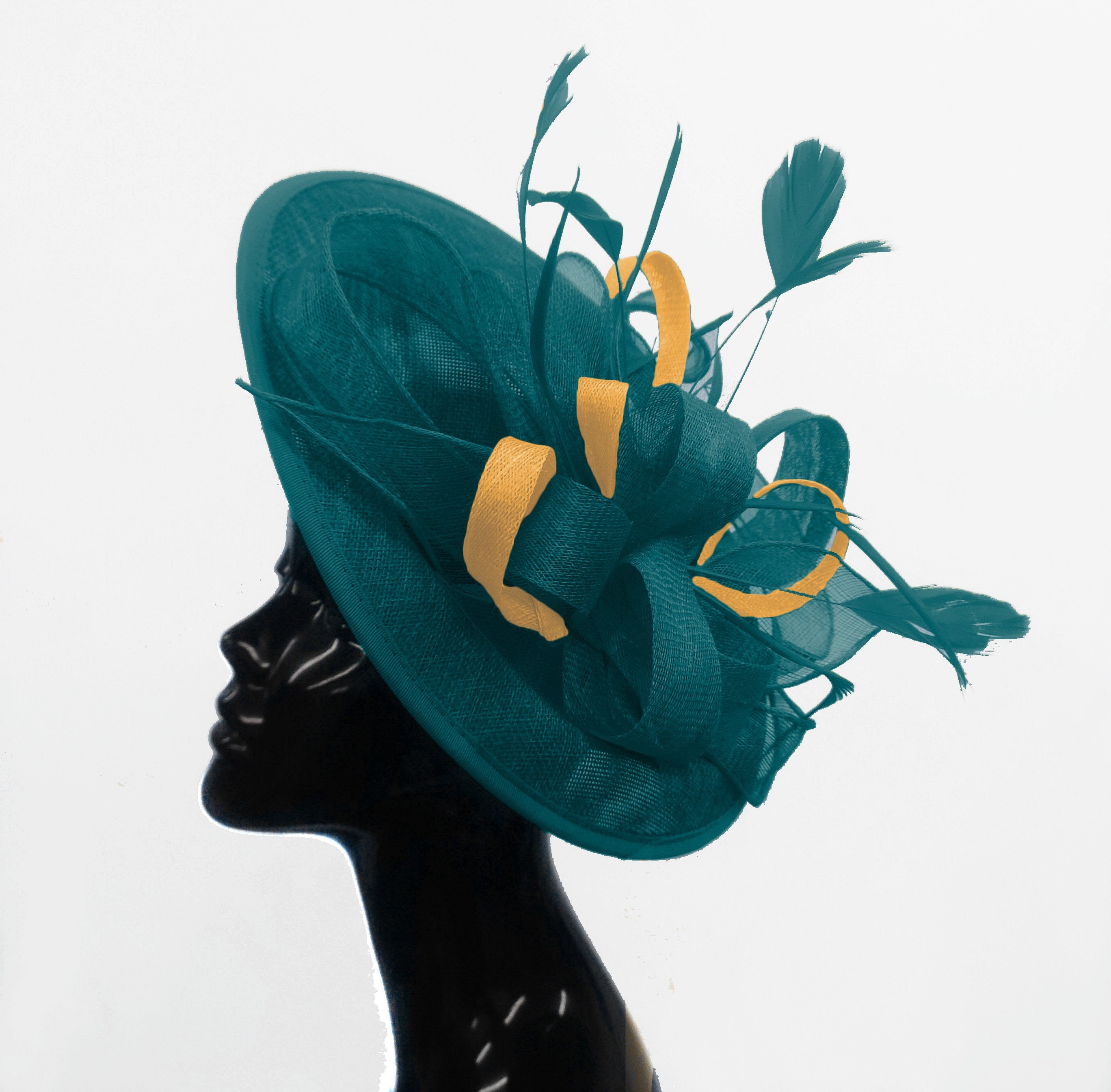 Caprilite Big Saucer Sinamay Teal Turquoise & Mustard Gold Mixed Colour Fascinator On Headband