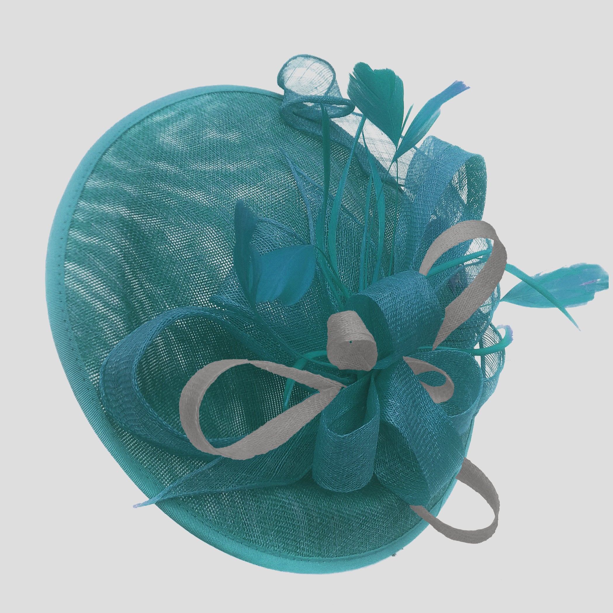 Caprilite Big Saucer Sinamay Teal Turquoise & Silver Grey Mixed Colour Fascinator On Headband