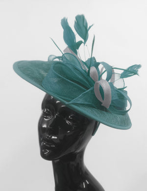 Caprilite Big Saucer Sinamay Teal Turquoise & Silver Grey Mixed Colour Fascinator On Headband