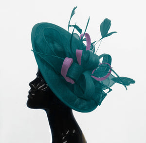 Caprilite Big Saucer Sinamay Teal Turquoise & Lavender Purple Mixed Colour Fascinator On Headband