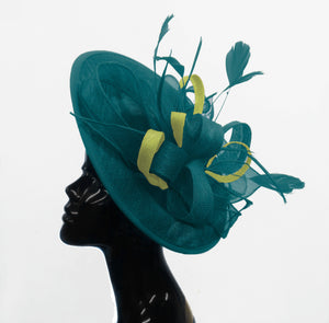 Caprilite Big Saucer Sinamay Teal Turquoise & Lime Green Mixed Colour Fascinator On Headband