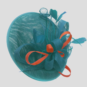 Caprilite Big Saucer Sinamay Teal Turquoise & Orange Mixed Colour Fascinator On Headband