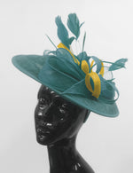 Caprilite Big Saucer Sinamay Teal Turquoise & Yellow Mixed Colour Fascinator On Headband