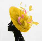 Caprilite Big Saucer Sinamay Yellow & Baby Pink Mixed Colour Fascinator On Headband