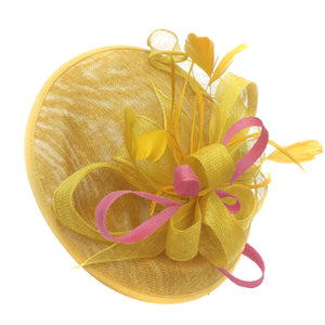 Caprilite Big Saucer Sinamay Yellow & Baby Pink Mixed Colour Fascinator On Headband