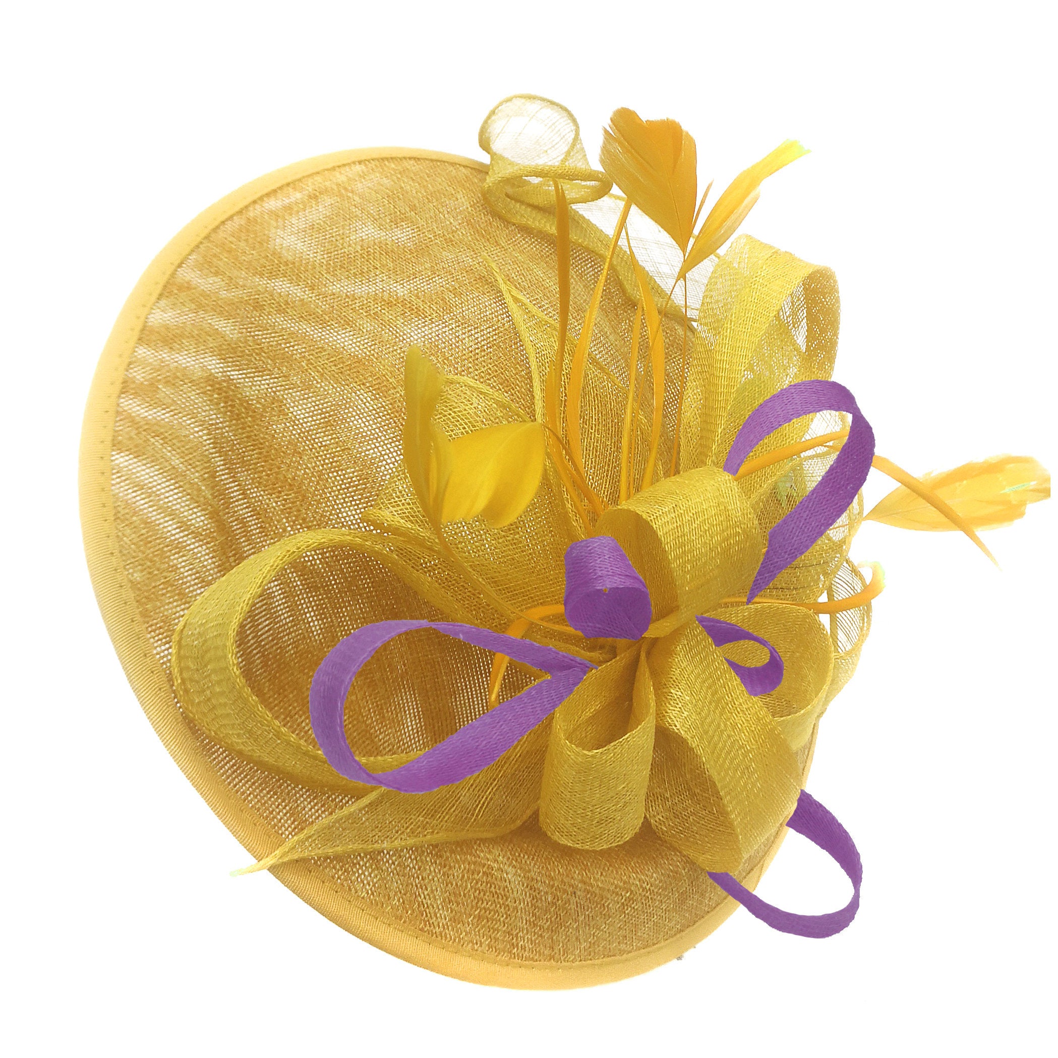 Caprilite Big Saucer Sinamay Yellow & Cadbury Purple Mixed Colour Fascinator On Headband