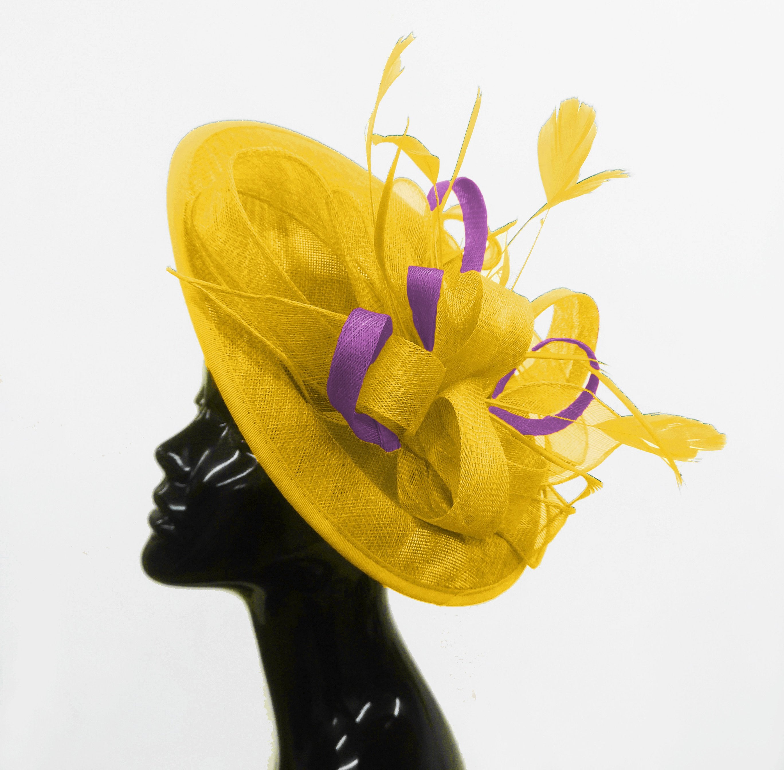 Caprilite Big Saucer Sinamay Yellow & Cadbury Purple Mixed Colour Fascinator On Headband