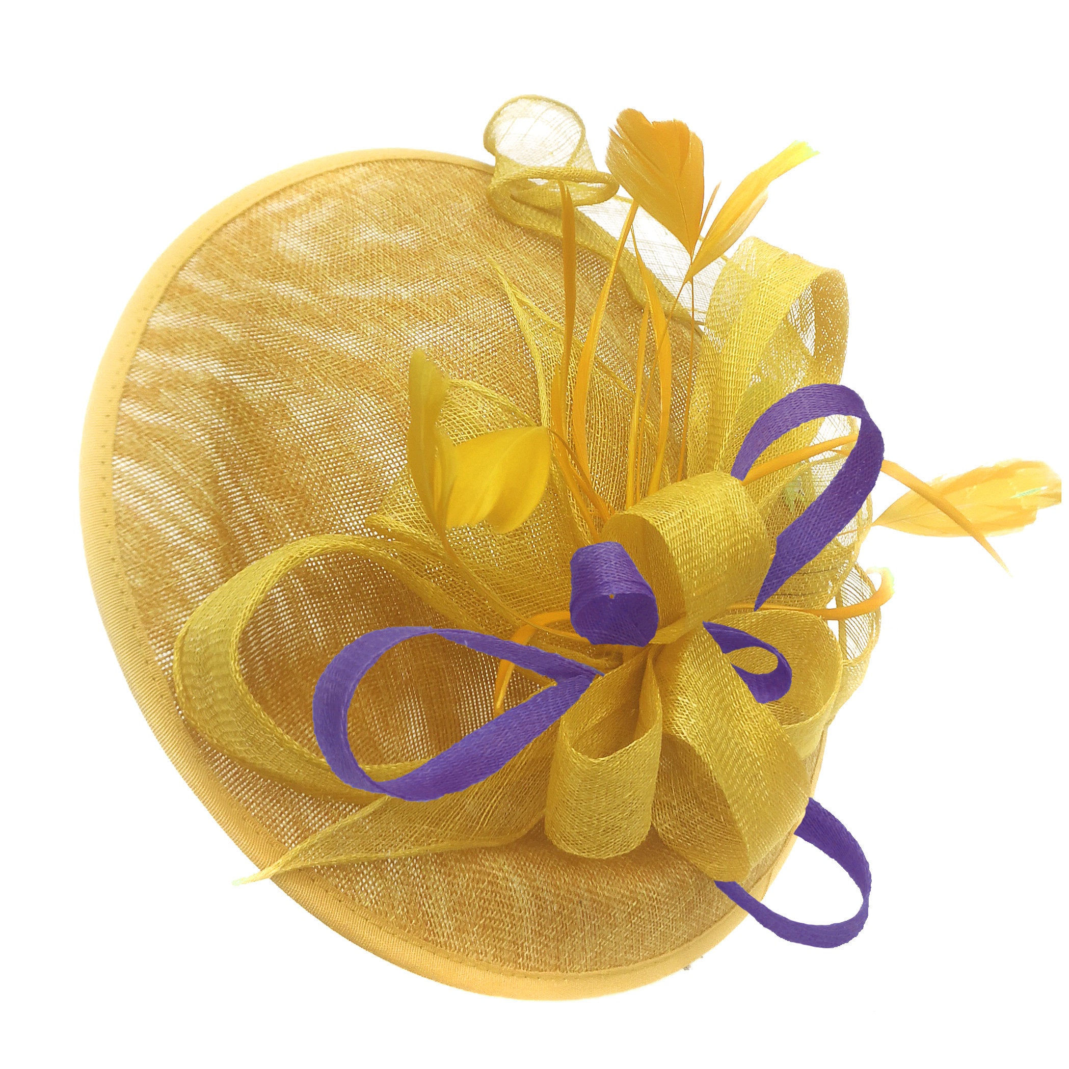 Caprilite Big Saucer Sinamay Yellow & Lavender Purple Mixed Colour Fascinator On Headband