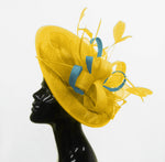 Caprilite Big Saucer Sinamay Yellow & Light Blue Mixed Colour Fascinator On Headband