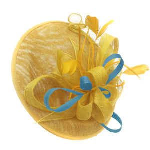 Caprilite Big Saucer Sinamay Yellow & Light Blue Mixed Colour Fascinator On Headband