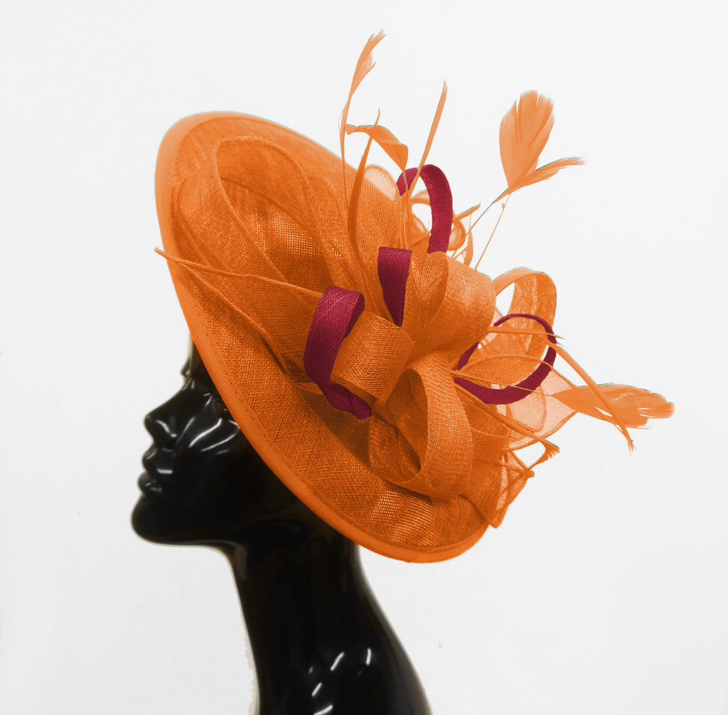 Caprilite Big Saucer Sinamay Orange & Burgundy Mixed Colour Fascinator On Headband