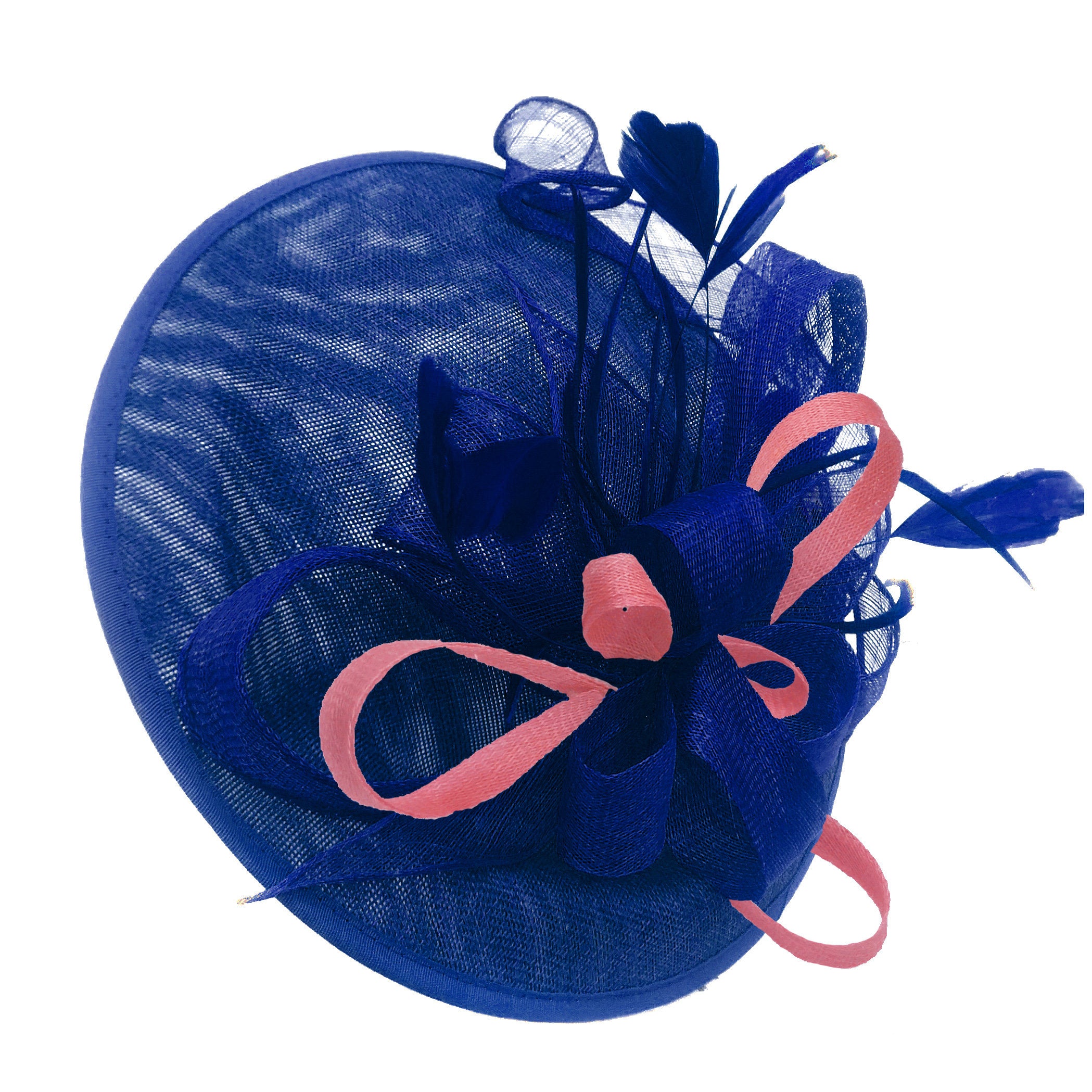 Caprilite Big Saucer Sinamay Royal Blue & Baby Pink Mixed Colour Fascinator On Headband