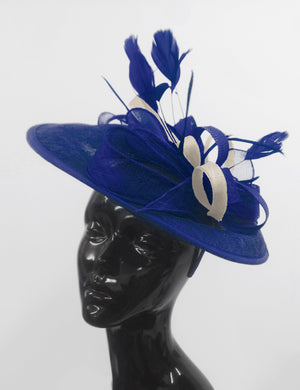 Caprilite Big Saucer Sinamay Royal Blue & Cream Ivory Mixed Colour Fascinator On Headband