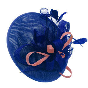 Caprilite Big Saucer Sinamay Royal Blue & Dusty Pink Mixed Colour Fascinator On Headband