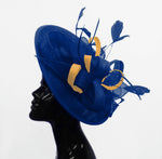 Caprilite Big Saucer Sinamay Royal Blue & Champagne Gold Mixed Colour Fascinator On Headband