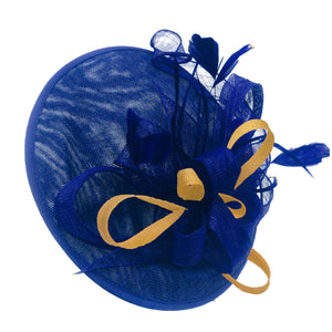 Caprilite Big Saucer Sinamay Royal Blue & Champagne Gold Mixed Colour Fascinator On Headband