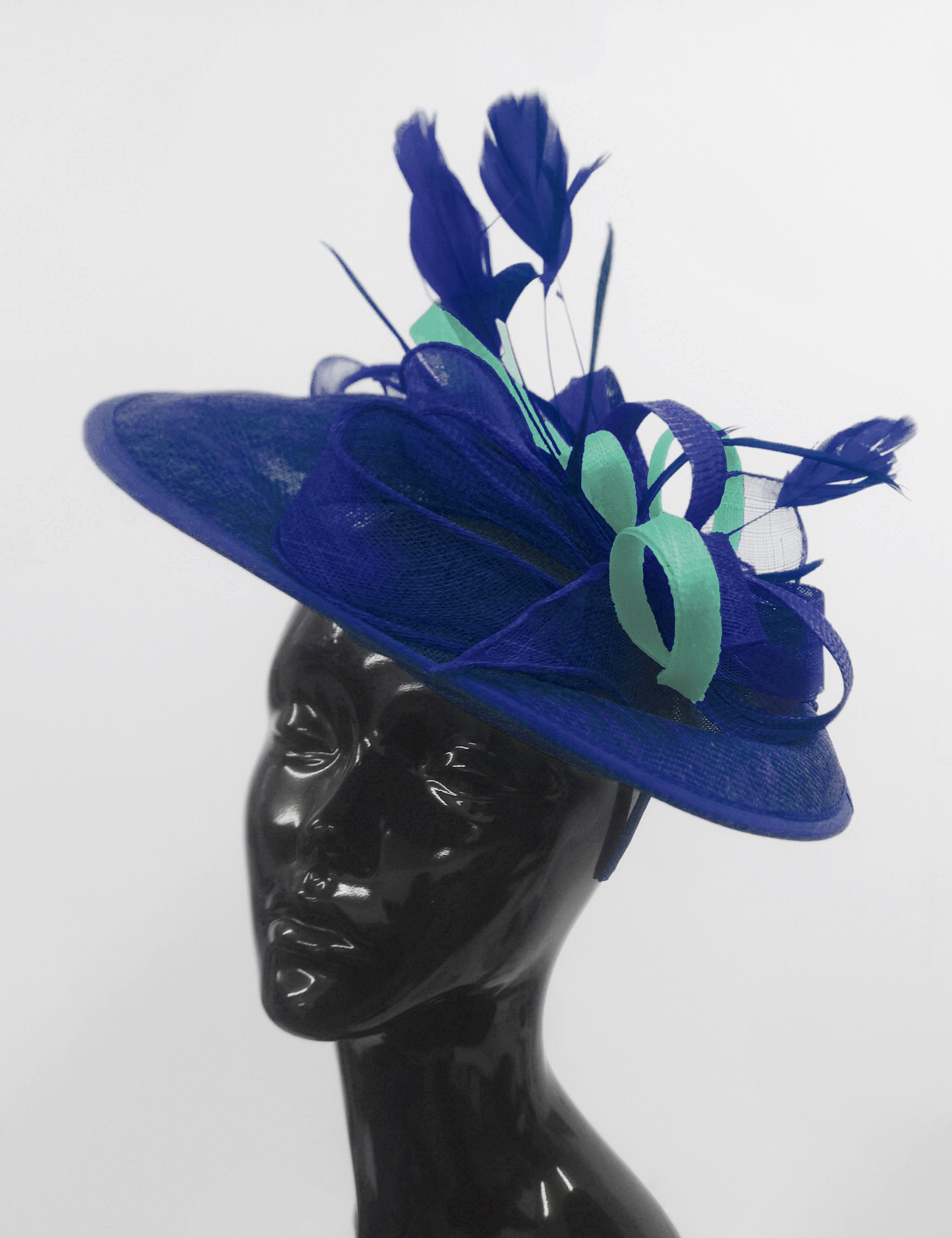 Caprilite Big Saucer Sinamay Royal Blue & Light Turquoise Mixed Colour Fascinator On Headband