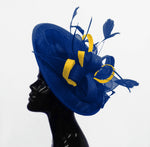 Caprilite Big Saucer Sinamay Royal Blue & Yellow Mixed Colour Fascinator On Headband
