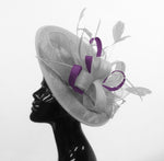 Caprilite Big Saucer Sinamay Silver Grey & Dark Purple Mixed Colour Fascinator On Headband