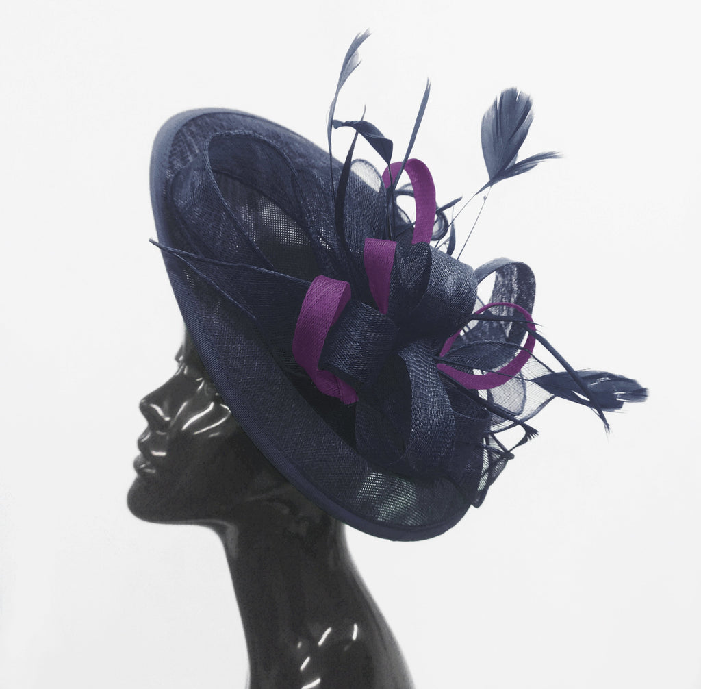 Caprilite Big Saucer Sinamay Navy Blue & Dark Purple Mixed Colour Fascinator On Headband