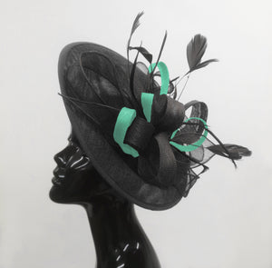 Caprilite Big Saucer Sinamay Black & Light Turquoise Mixed Colour Fascinator On Headband